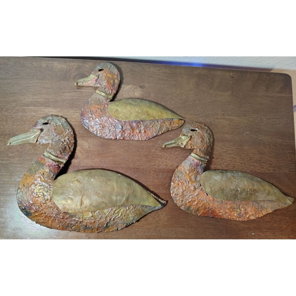Set of 3 Brass & Copper Metal Duck Wall Decor Art Rustic Cabin Metalware READ
